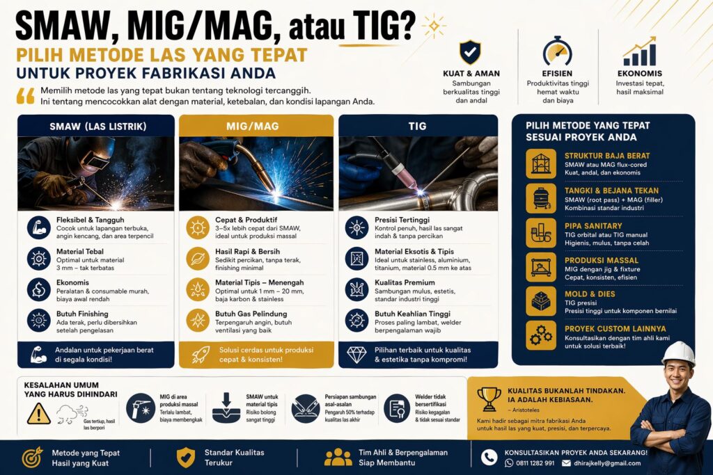 Infografis perbedaan welding SMAW MIG TIG untuk memilih metode las terbaik sesuai jenis proyek fabrikasi logam dan industri