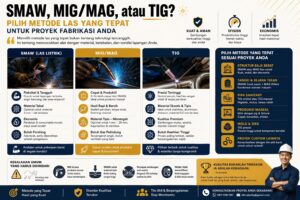 Infografis perbedaan welding SMAW MIG TIG untuk memilih metode las terbaik sesuai jenis proyek fabrikasi logam dan industri