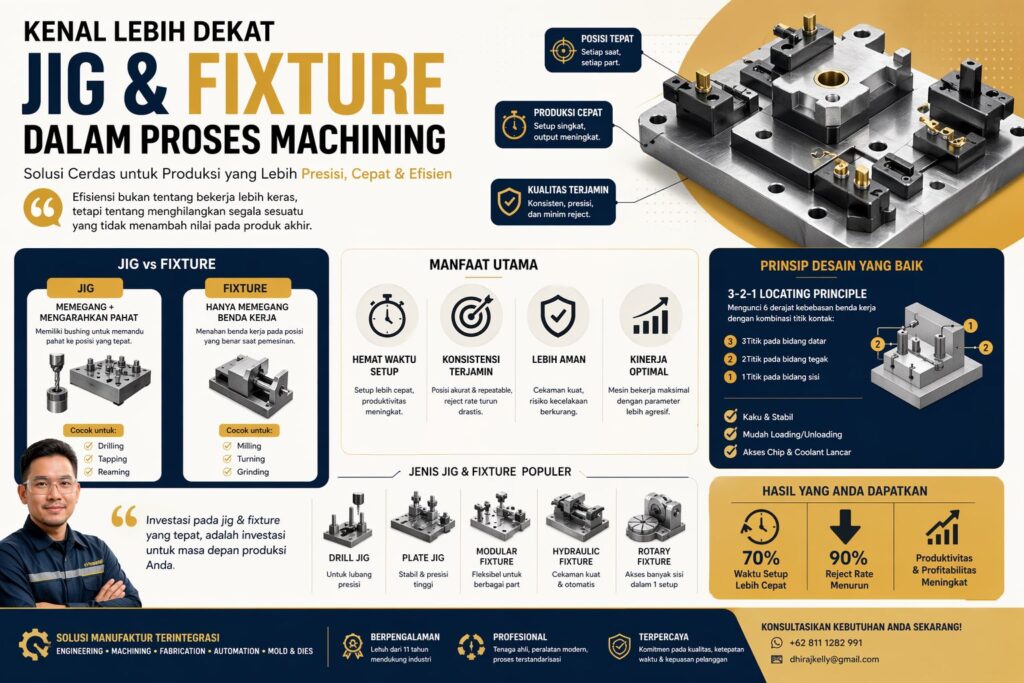 Infografis jig fixture proses machining untuk meningkatkan efisiensi produksi, presisi, dan konsistensi hasil machining industri