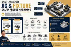 Infografis jig fixture proses machining untuk meningkatkan efisiensi produksi, presisi, dan konsistensi hasil machining industri