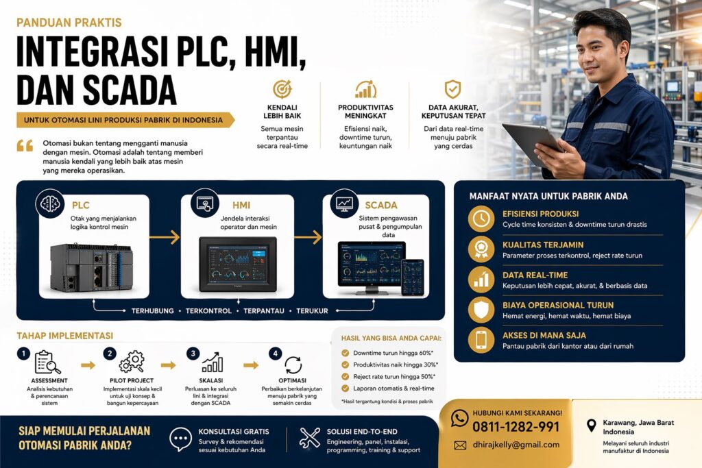 Infografis integrasi PLC HMI SCADA untuk otomasi lini produksi pabrik modern dengan sistem kontrol, monitoring, dan data real-time