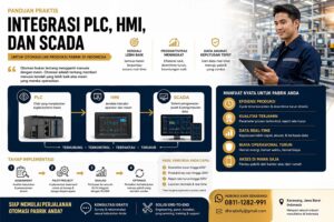 Infografis integrasi PLC HMI SCADA untuk otomasi lini produksi pabrik modern dengan sistem kontrol, monitoring, dan data real-time