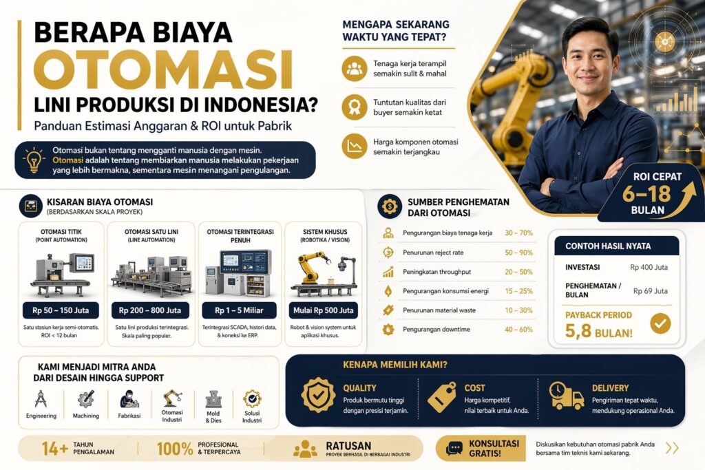 Infografis biaya otomasi pabrik Indonesia menampilkan estimasi anggaran, ROI cepat, dan manfaat otomatisasi lini produksi modern
