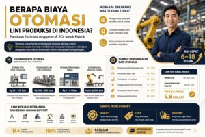 Infografis biaya otomasi pabrik Indonesia menampilkan estimasi anggaran, ROI cepat, dan manfaat otomatisasi lini produksi modern