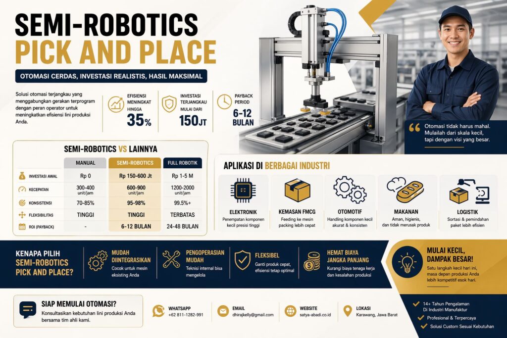 Infografis semi robotics pick and place solusi otomasi manufaktur terjangkau meningkatkan efisiensi produksi hingga 35 persen