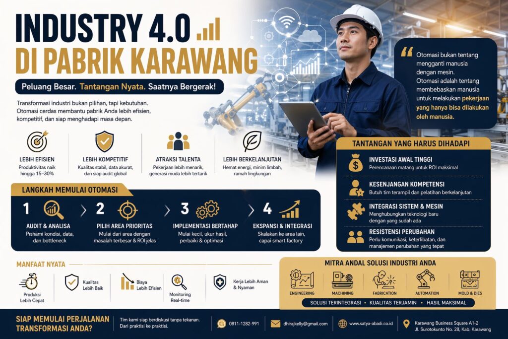 Infografis industry 4.0 pabrik Karawang menampilkan otomasi industri, efisiensi produksi, dan transformasi digital manufaktur modern