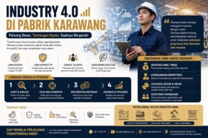 Infografis industry 4.0 pabrik Karawang menampilkan otomasi industri, efisiensi produksi, dan transformasi digital manufaktur modern