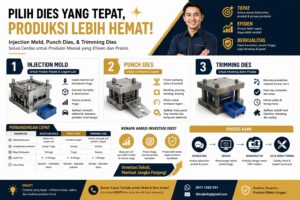 Infografis perbedaan injection mold, punch dies, dan trimming dies untuk produksi manufaktur efisien dan presisi