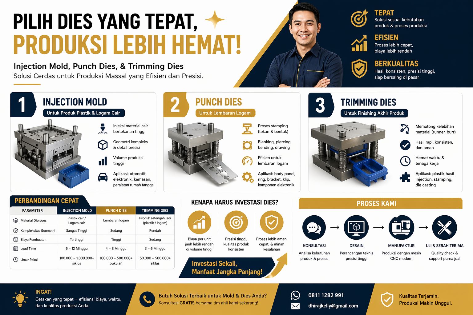 Infografis perbedaan injection mold, punch dies, dan trimming dies untuk produksi manufaktur efisien dan presisi