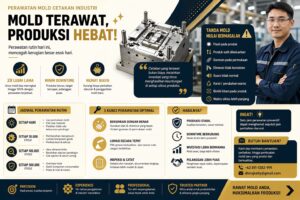 Infografis perawatan mold cetakan industri yang menjelaskan jadwal maintenance, tanda kerusakan, dan tips memperpanjang umur mold secara efektif