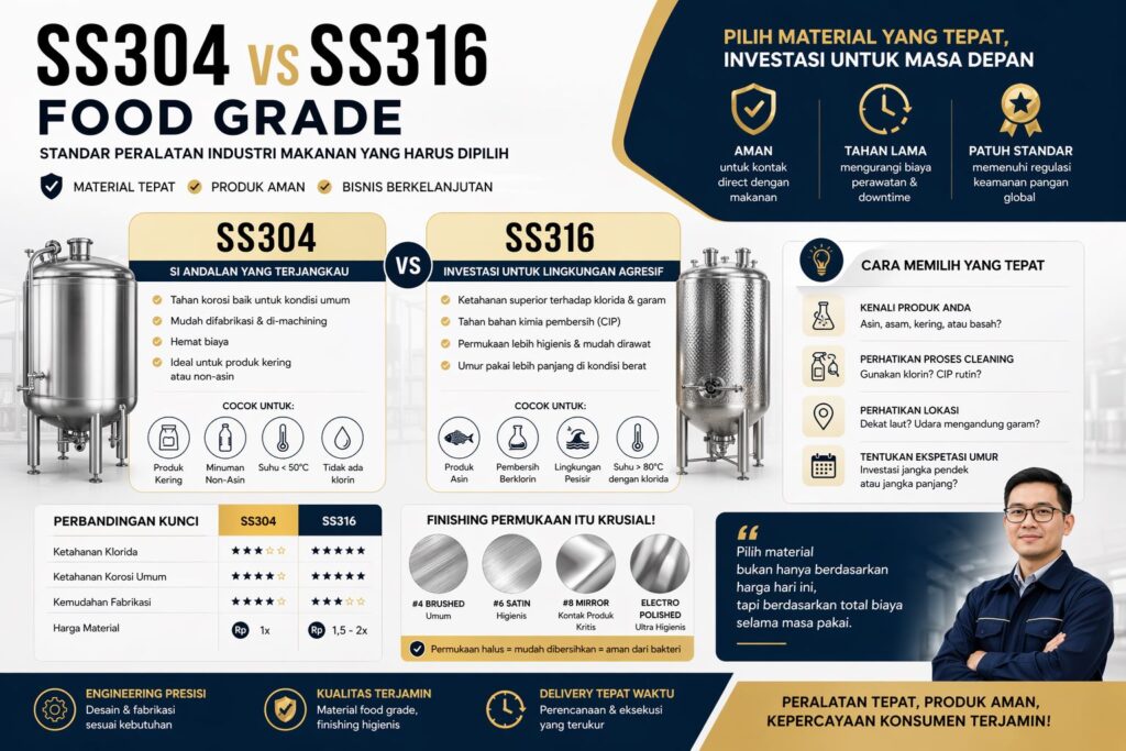 Infografis perbandingan SS304 vs SS316 food grade untuk peralatan industri makanan, menampilkan perbedaan ketahanan korosi, aplikasi, dan rekomendasi penggunaan