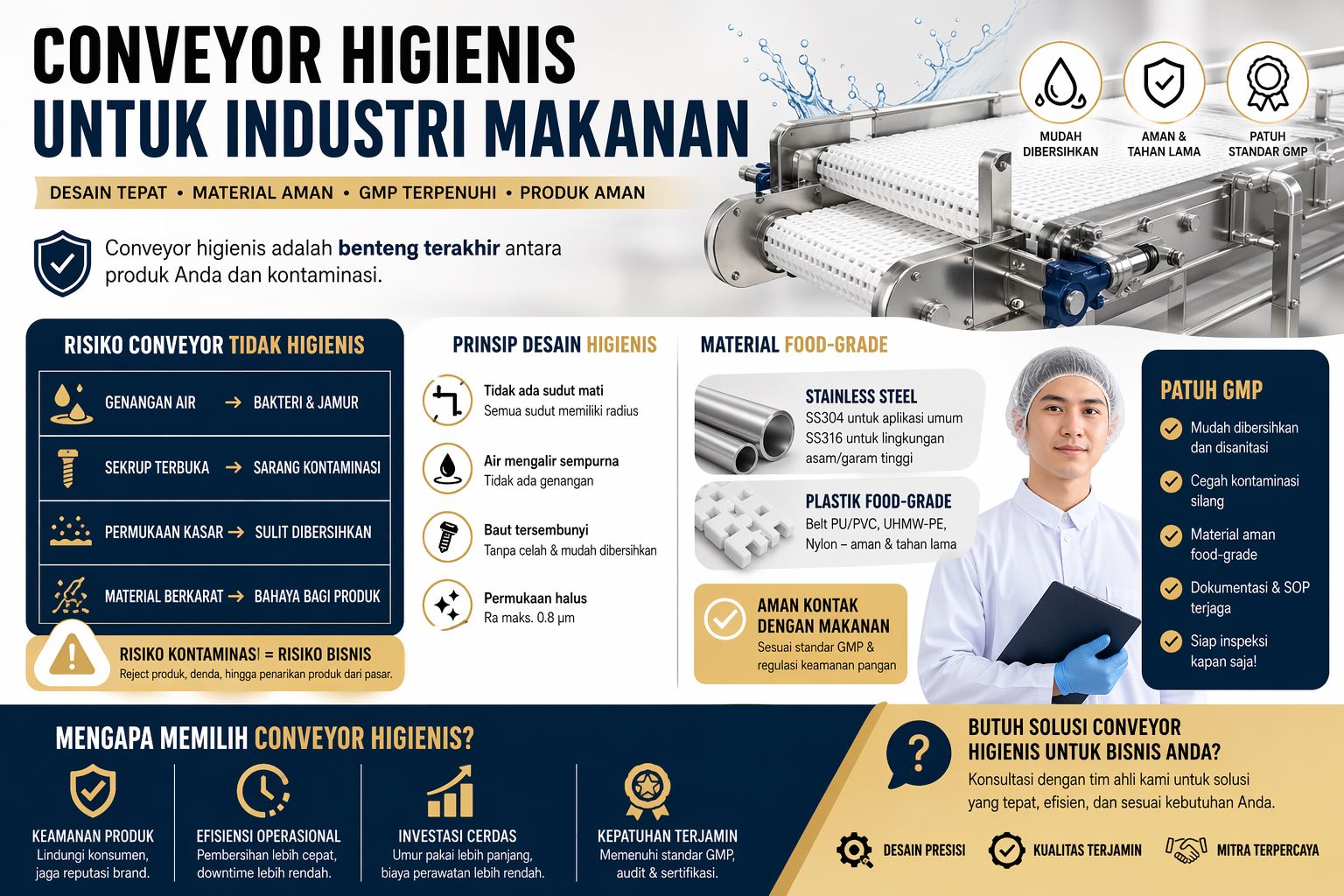 Infografis conveyor higienis industri makanan dengan desain modern menampilkan prinsip desain, material food-grade, dan standar GMP untuk mencegah kontaminasi.