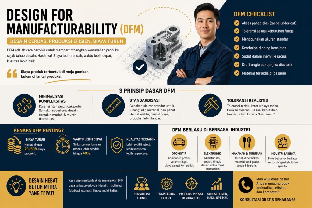 Infografis Design for Manufacturability DFM untuk menurunkan biaya produksi melalui desain efisien dan standar manufaktur modern