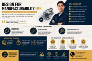 Infografis Design for Manufacturability DFM untuk menurunkan biaya produksi melalui desain efisien dan standar manufaktur modern