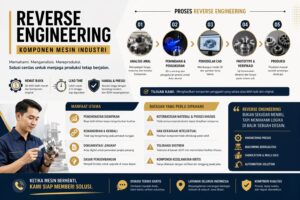Infografis reverse engineering komponen mesin industri yang menampilkan proses scanning, desain CAD, hingga produksi dengan pendekatan presisi dan efisiensi biaya.