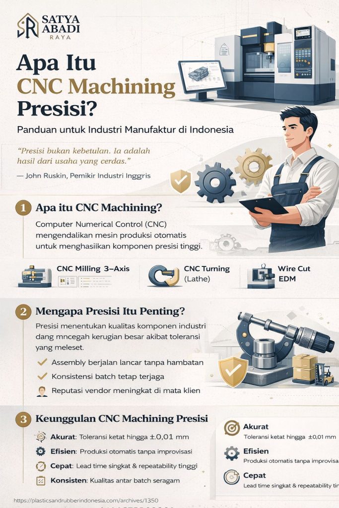 Infografis CNC machining presisi Indonesia yang menjelaskan konsep, proses, manfaat, dan keunggulan machining presisi dalam industri manufaktur modern dengan ilustrasi mesin CNC dan engineer profesional