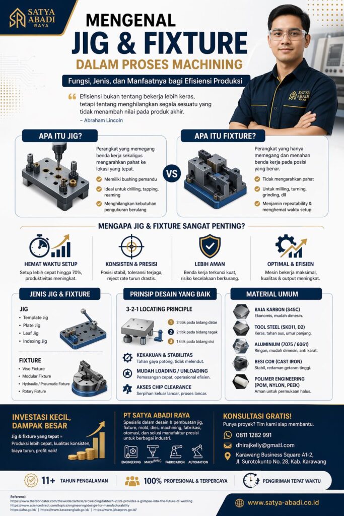 Infografis jig fixture proses machining yang menjelaskan fungsi, jenis, dan manfaat dalam meningkatkan efisiensi produksi serta presisi komponen industri