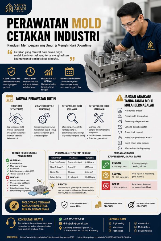 Infografis perawatan mold cetakan industri yang menjelaskan cara memperpanjang umur mold melalui cleaning, pelumasan, inspeksi rutin, serta panduan perbaikan untuk menghindari downtime produksi.