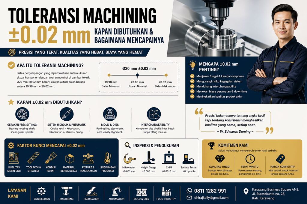 Infografis toleransi machining ±0.02 mm dalam industri manufaktur presisi, menjelaskan kapan dibutuhkan dan faktor kunci pencapaiannya