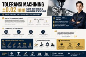 Infografis toleransi machining ±0.02 mm dalam industri manufaktur presisi, menjelaskan kapan dibutuhkan dan faktor kunci pencapaiannya