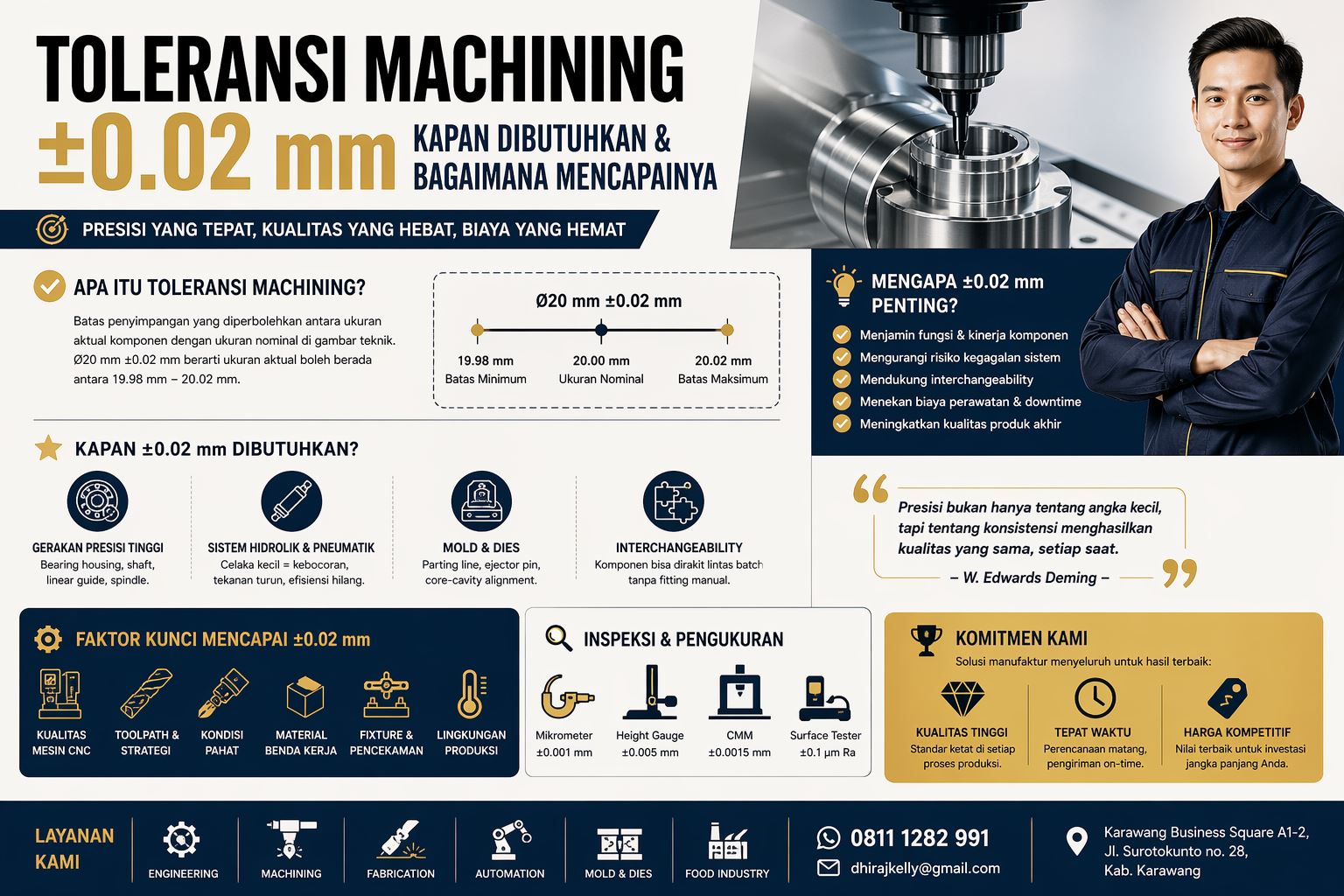 Infografis toleransi machining ±0.02 mm dalam industri manufaktur presisi, menjelaskan kapan dibutuhkan dan faktor kunci pencapaiannya