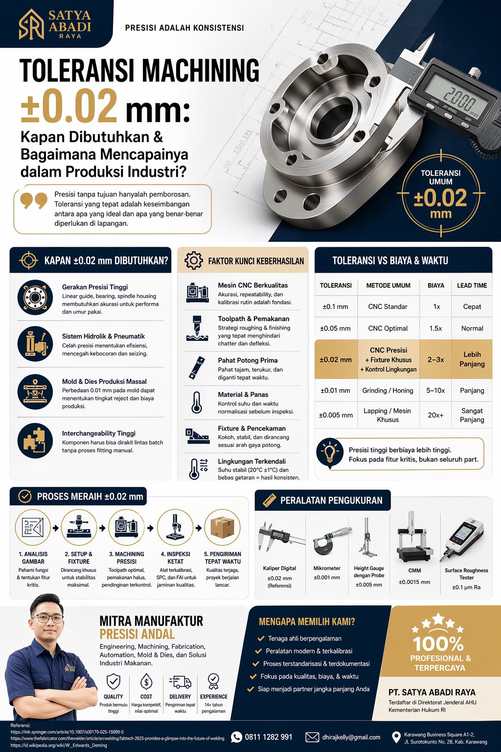 Infografis toleransi machining ±0.02 mm dalam produksi industri, menampilkan faktor presisi CNC, biaya, metode machining, serta aplikasi komponen presisi secara visual modern.